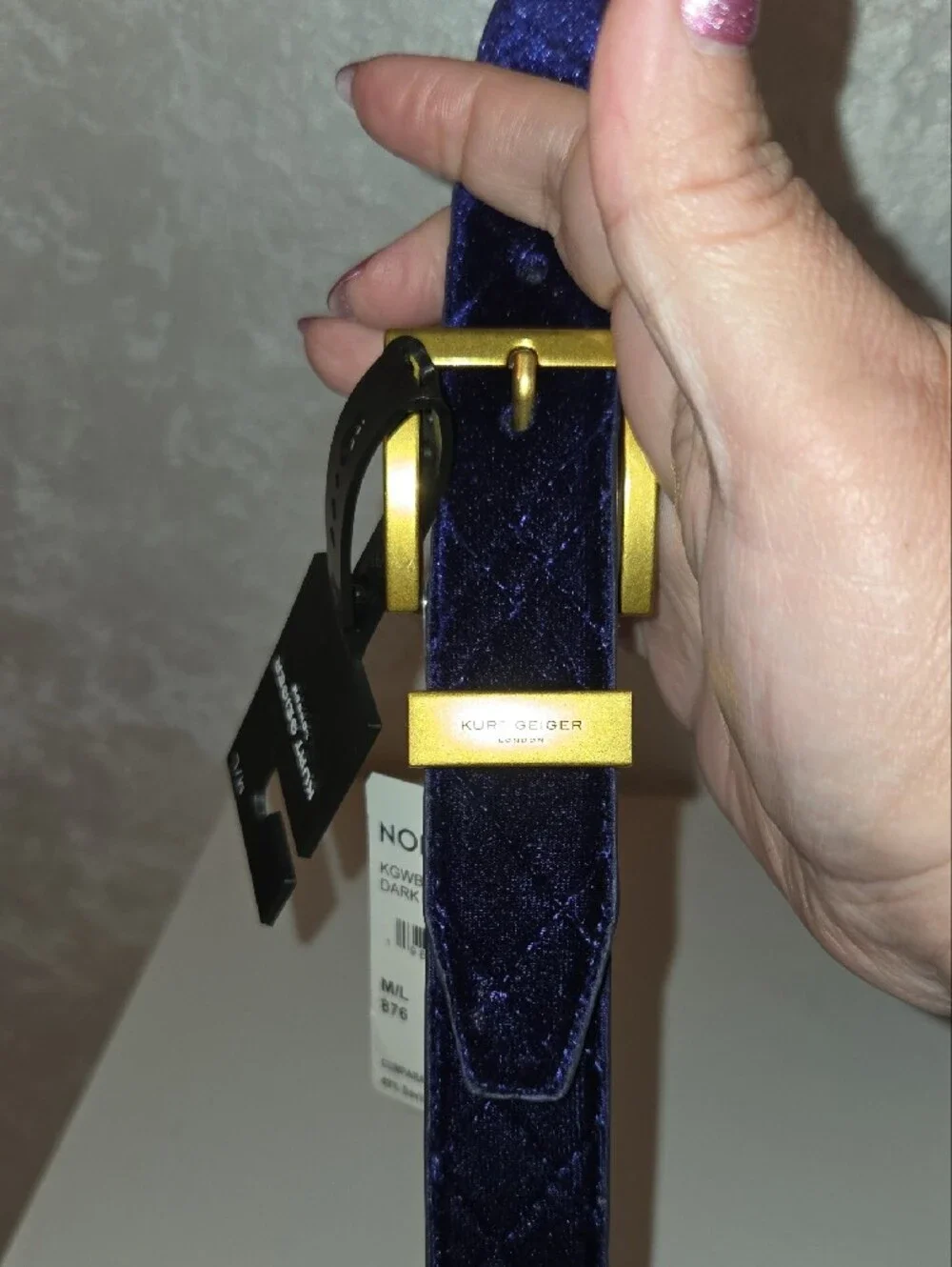 Kurt Geiger Navy Velvet Belt with Gold-Tone Buckle